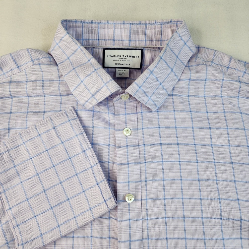 Charles Tyrwhitt Dress Shirt Men 19/37 Purple Blue Check French Cuffs Classic